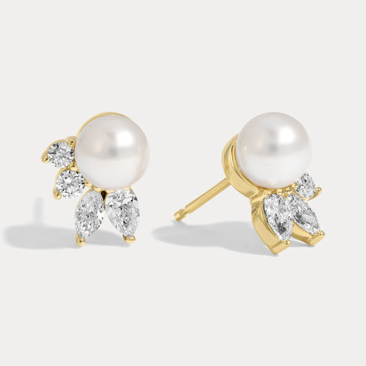 Pearl and Diamond Leaf Studs